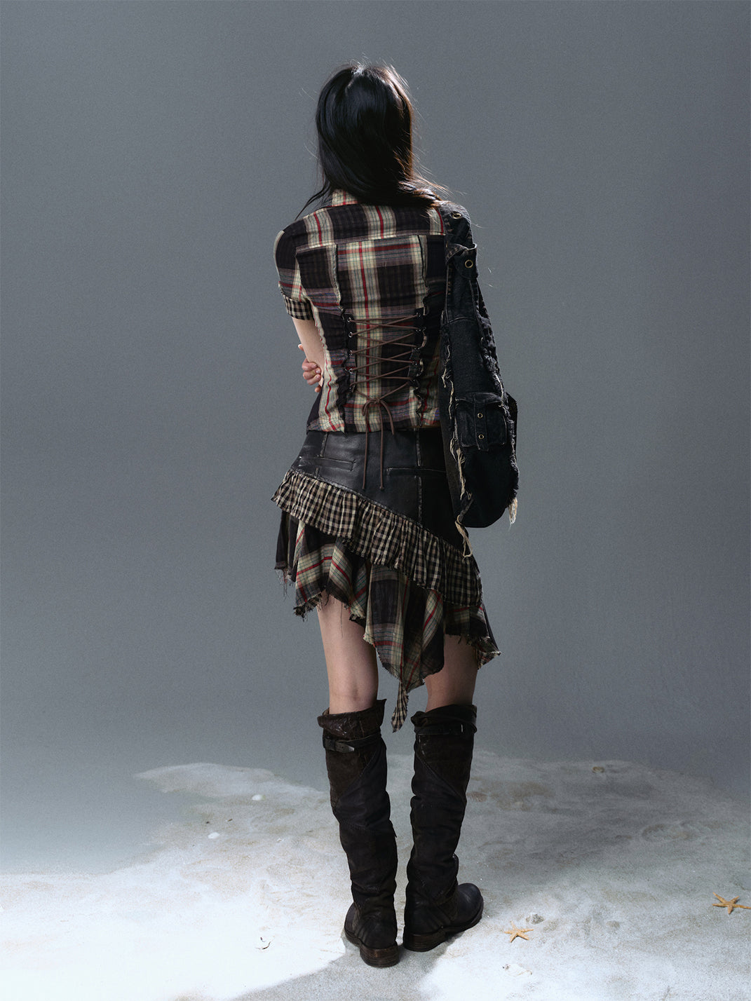 CestNous|Asymmetric Gothic Plaid Skirt with PU Trim - PSYLOS 1, CestNous|Asymmetric Gothic Plaid Skirt with PU Trim, Skirt, CestNous, PSYLOS 1